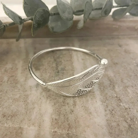 925 Sterling Silver Leaf Bracelet Adjustable Bangle Cuff Statement Bracelet - Picture 4 of 6